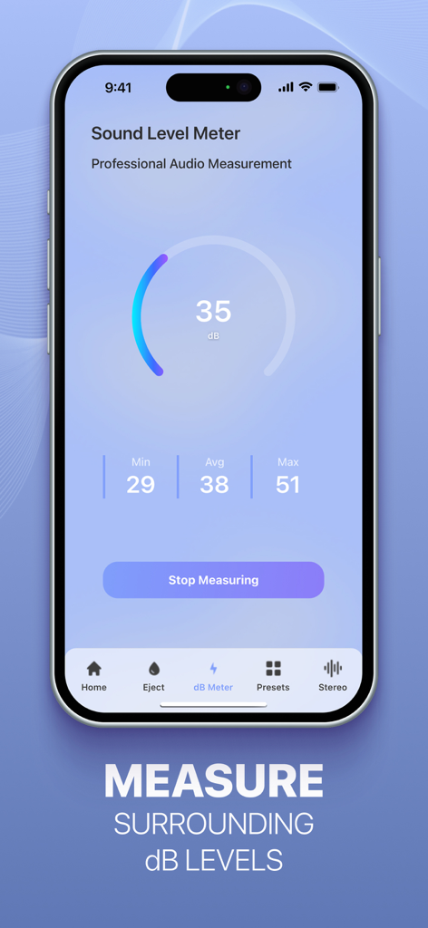 The decibel meter interface of Water Eject Pro showing real-time sound level measurements and statistics