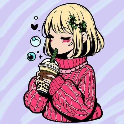 manga girl drinking boba in cozy sweater