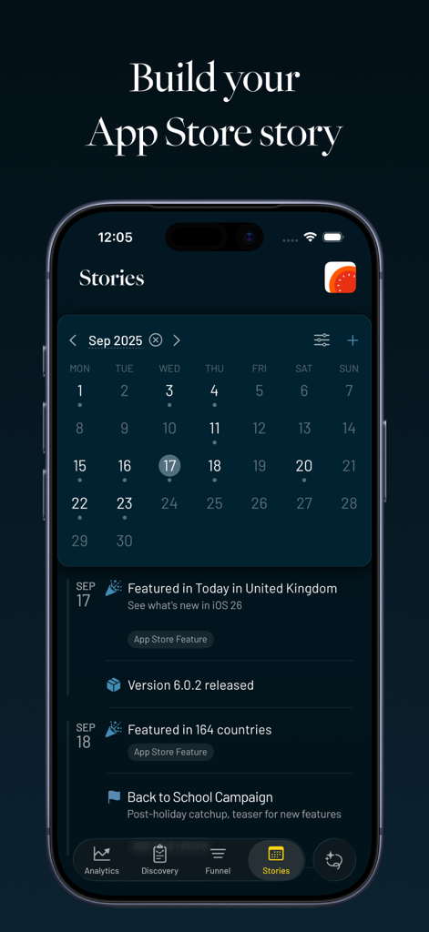 Driven — Live App Analytics - Driven app interface showing a calendar and timeline of app releases and store features to build your app story