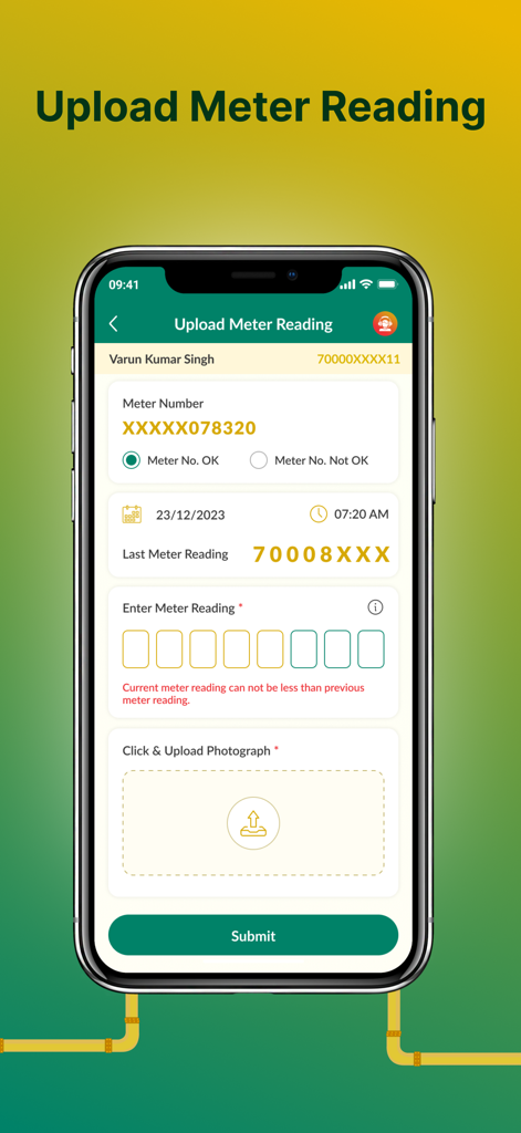 My MNGL app interface for uploading gas meter readings