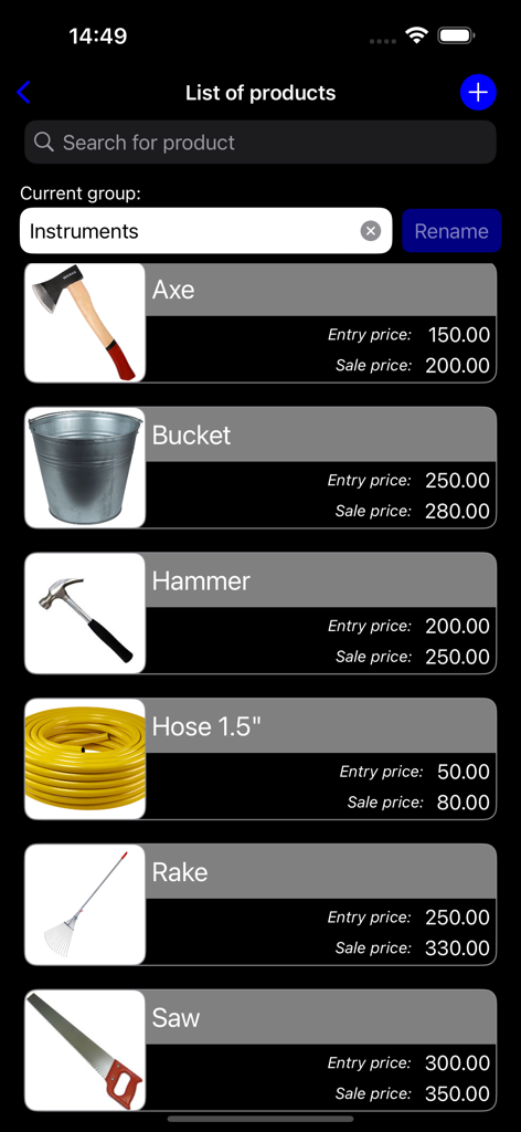 Warehouse accounting - Mobile app interface displaying a list of warehouse products including tools like axes and hammers with their entry and sale prices