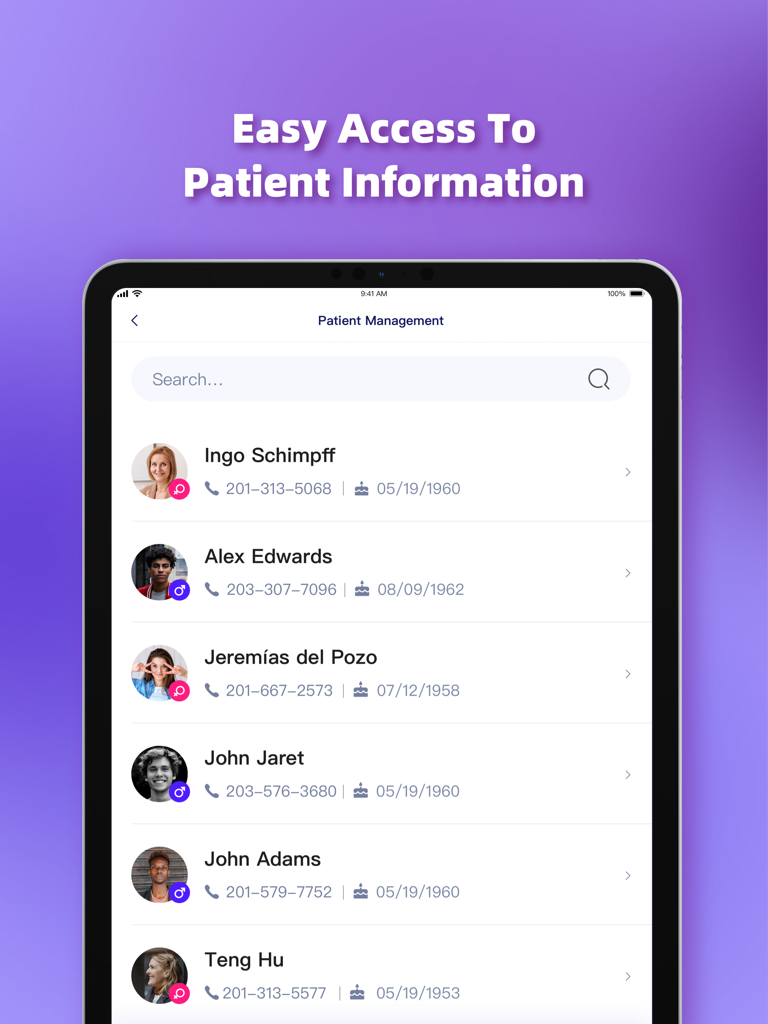 Pantalla de gestión de pacientes en la aplicación MyCare Provider que muestra una lista de perfiles de pacientes en un iPad