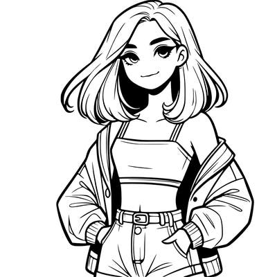 a realistic girl with a crop top and short shorts in an open jacket