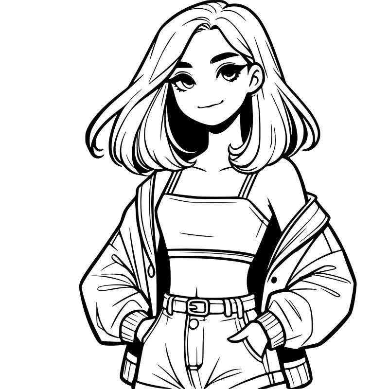 a realistic girl with a crop top and short shorts in an open jacket