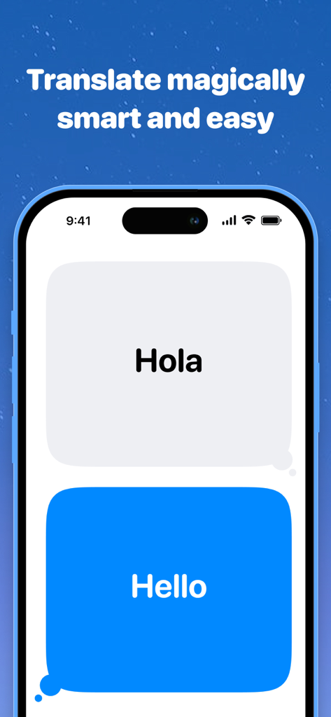 Interfaz de la aplicación Traductor IA Definitivo mostrando una simple traducción del español 'Hola' al inglés 'Hello'