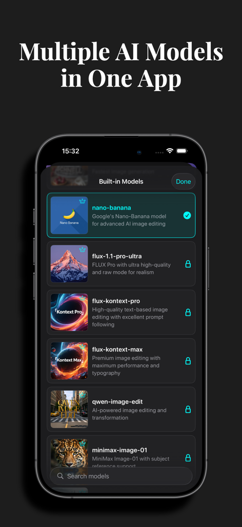 FluxCat - AI Image Generator - Screenshot of FluxCat app showing a list of built-in AI models like Flux and Nano Banana.