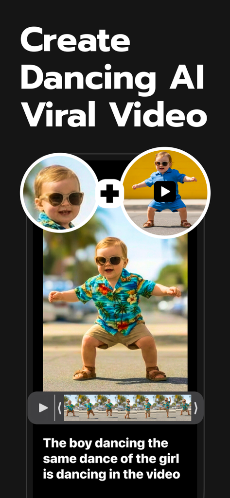 Motion Control AI Video - Ein Screenshot einer mobilen App, der zeigt, wie man mit KI ein virales Tanzvideo aus einem Foto erstellt.