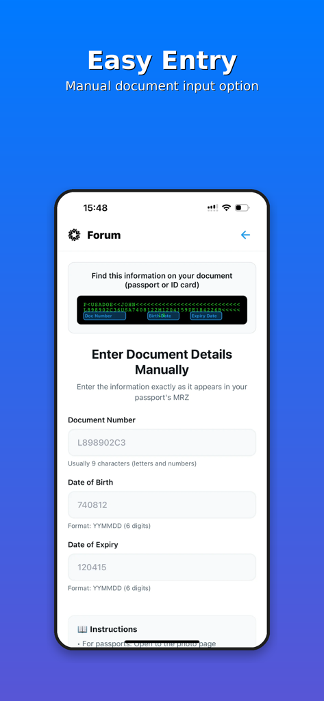 Forum Online - Captura de tela da tela de entrada manual de documentos do aplicativo Fórum Online para verificação do usuário.