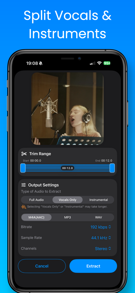 Video to MP3 & Vocal Remover - Interface of Video to MP3 and Vocal Remover app showing options to split vocals and instruments from a video with output settings