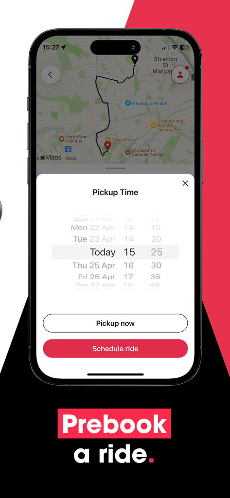Veezu taxi app interface showing the pickup time selector for scheduling a ride