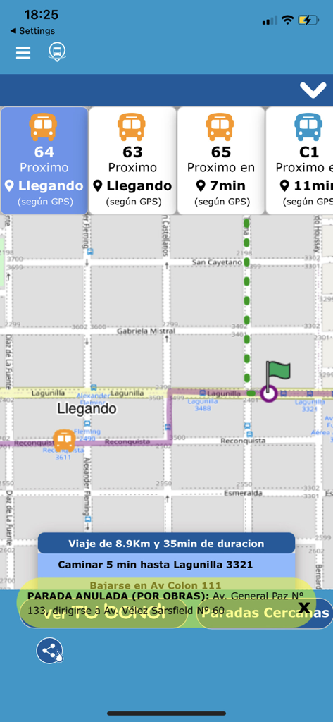 Tu Bondi Cba app interface showing real-time bus tracking and arrival times on a map of Cordoba