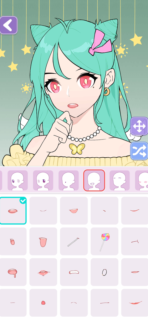 Interfaz de la aplicación Vlinder Avatar Maker que muestra la personalización de la boca de un personaje de anime con diferentes expresiones