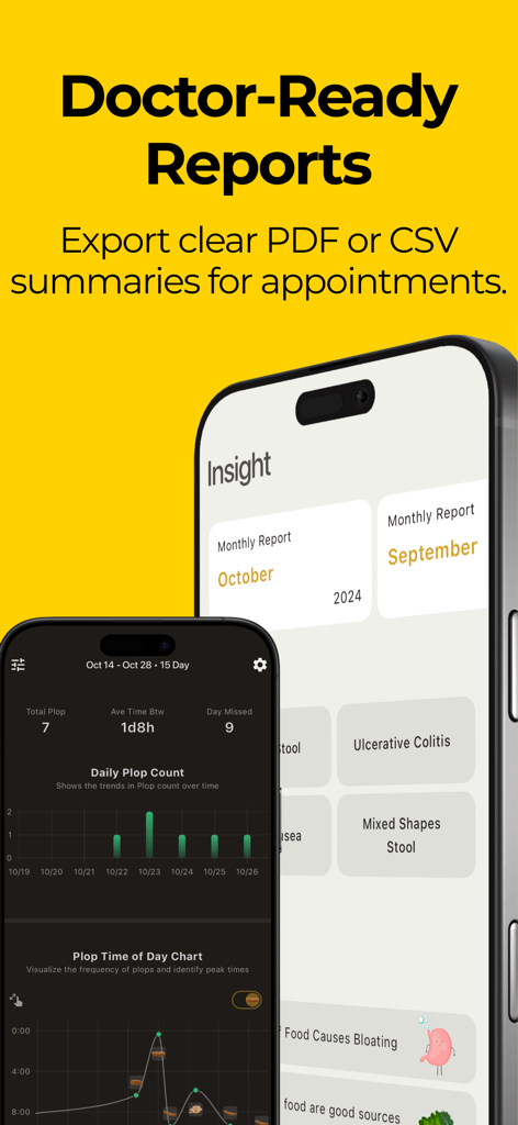 Interfaz de la app Plop mostrando informes de salud listos para el médico y gráficos de datos digestivos