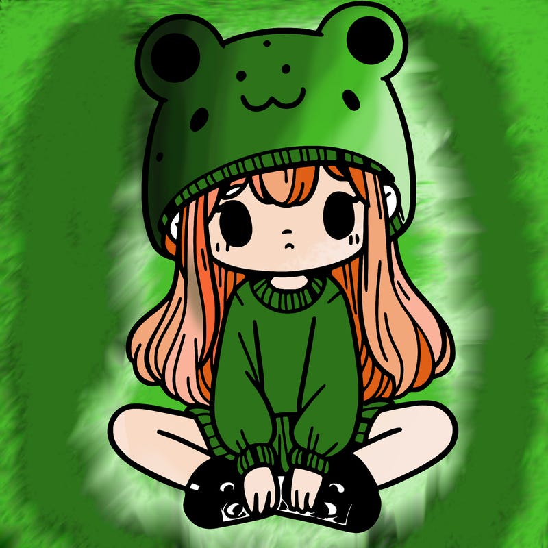 a girl wearing a frog hat and some frog socks