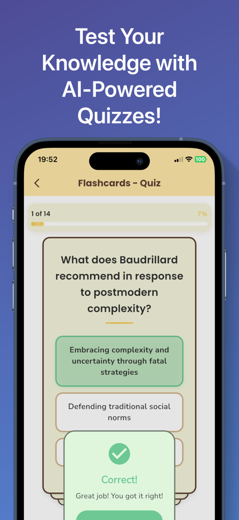 FlashCardify - AI Flashcards - Interface of FlashCardify app showing an AI-powered quiz with a correct answer notification