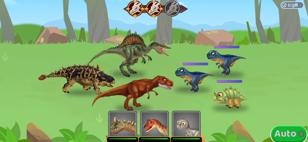 Dinosaur Zoo-The Jurassic game - Un grupo de dinosaurios, incluido un T-Rex y un Spinosaurus, enfrentándose en una escena de batalla