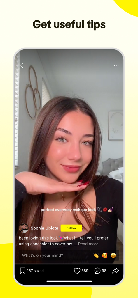 Captura de pantalla de una aplicación de estilo de vida que muestra un look de maquillaje cotidiano con tutorial, consejos útiles e interacciones sociales