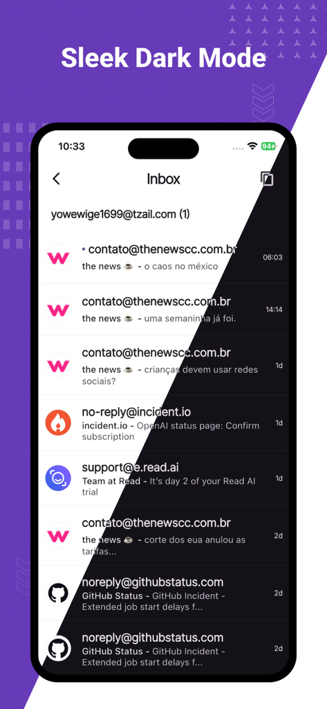 Fake Mail - Temp Mail - Interfaccia della casella di posta dell'app Fake Mail che mostra un confronto diagonale tra modalità chiara e scura