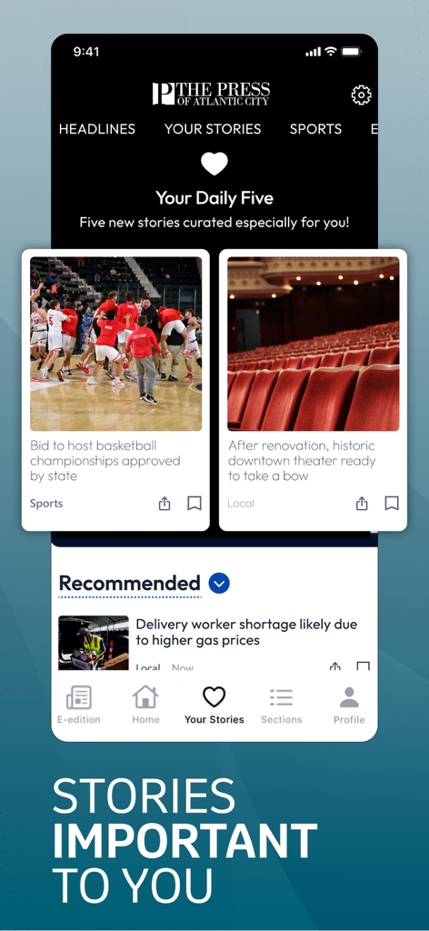 The Press of Atlantic City - The Press of Atlantic City mobile app displaying a personalized news feed with curated local stories and sports