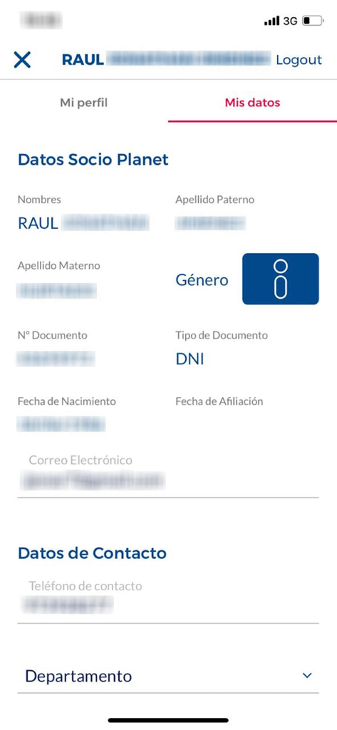 User profile and membership data screen in the Cineplanet Peru mobile app