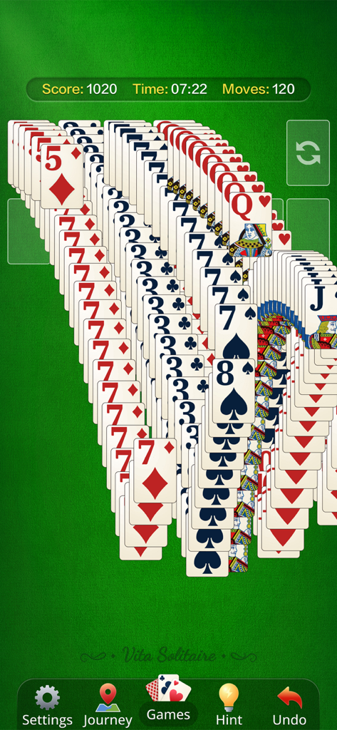 Vita Solitaire for Seniors - Gameplay screen of Vita Solitaire for Seniors featuring large oversized cards and a classic green interface