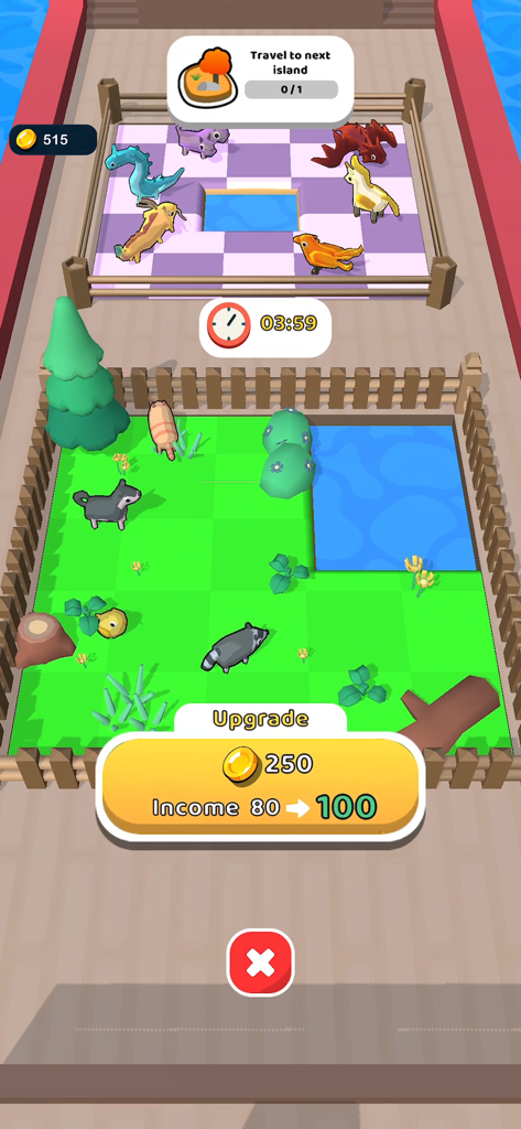 Zookemon - Pantalla del juego móvil Zookemon que muestra recintos de animales y un menú para mejorar los ingresos