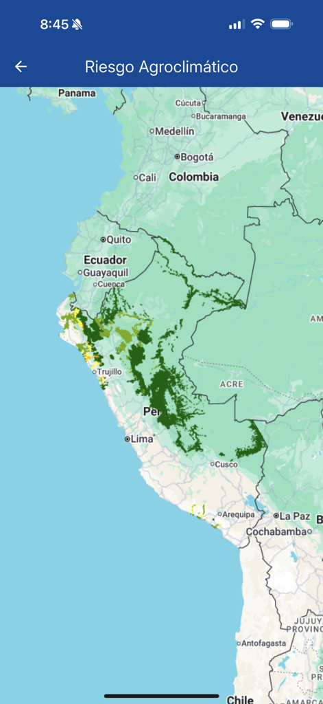 SENAMHI PERU Móvil - A map of Peru in the SENAMHI PERU app displaying agroclimatic risk levels