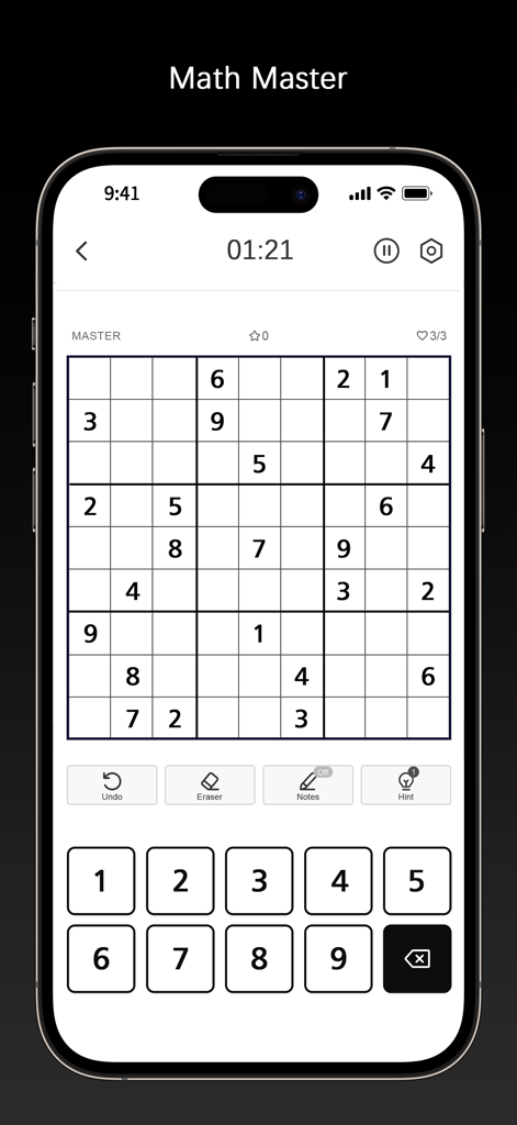 Sudoku Master！ - A clean and minimalist Sudoku game interface on a mobile device screen showing a number grid and gameplay controls.