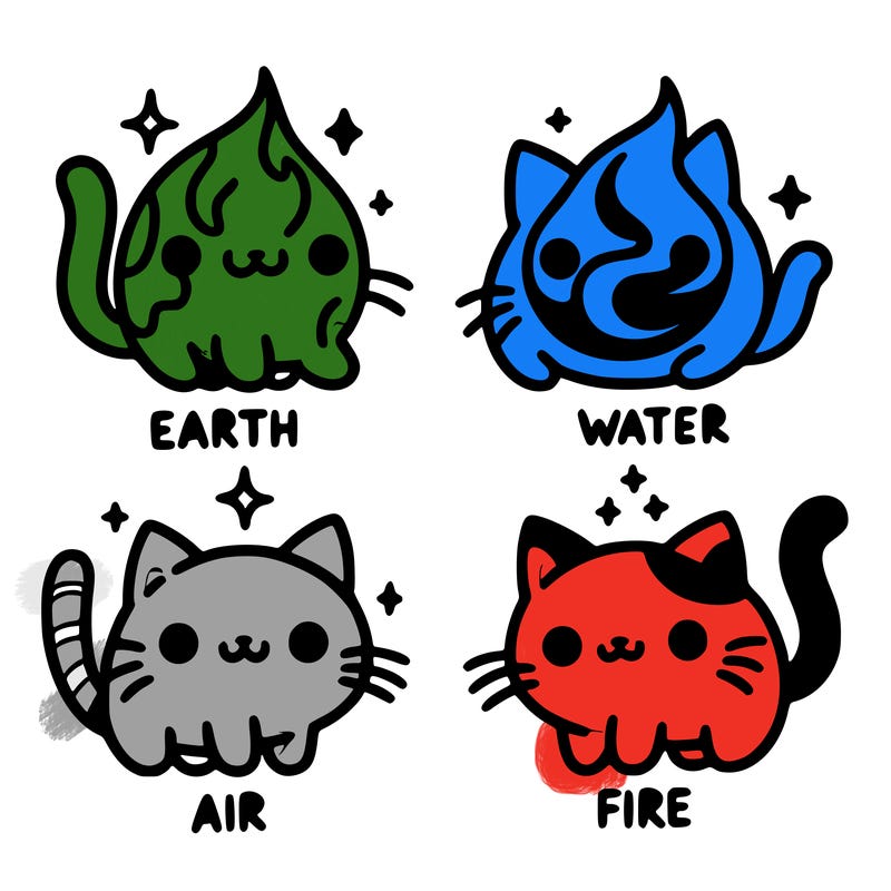 4 cats that represent the different elements, earth, water, air, and fire