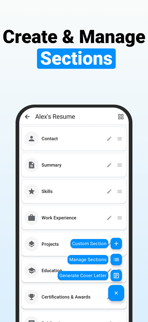 Interface of the DuckResume app showing various resume sections like Contact, Summary, and Work Experience with options to manage and add custom sections.