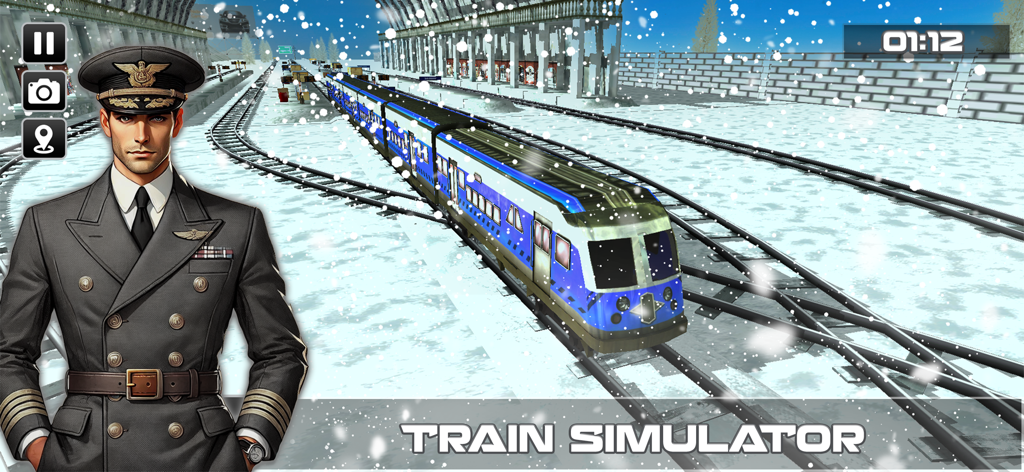 Epic Train Driving Simulator - A blue passenger train traveling on snowy tracks with a conductor character in the foreground.