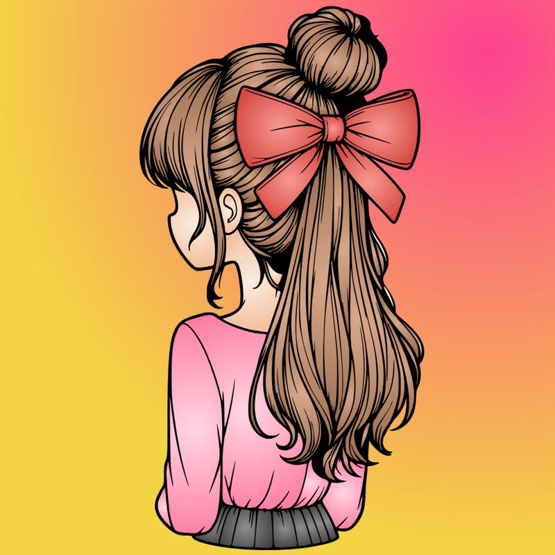 realistic girl  with hip length hair a bun and a big bow on the back of head