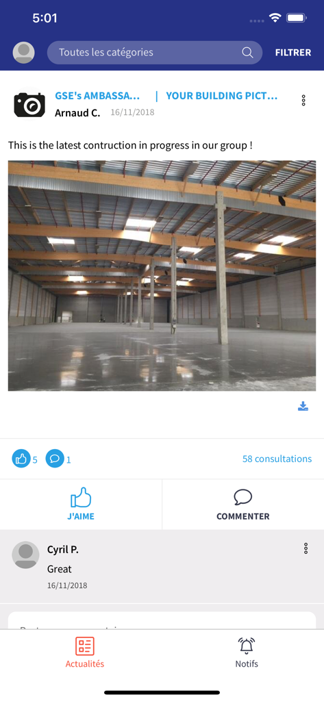 MyGSE - Internal social feed of the MyGSE app displaying a construction site photo with employee interactions