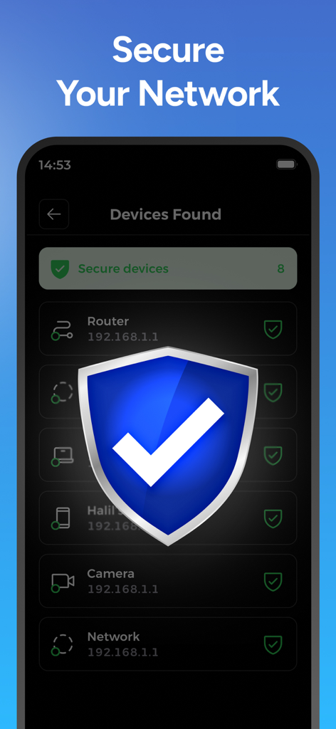 Hidden Camera Detector - Peek - A smartphone screen displaying a network security scan with a list of verified safe devices and a blue shield icon.