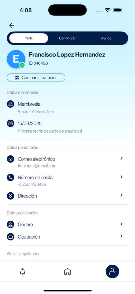 Smart+ Go - User profile screen in the Smart Plus Go app showing membership and personal details
