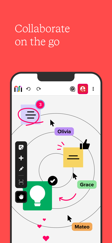 Mural - Visual Collaboration - Mural app on a smartphone displaying a digital whiteboard with team members collaborating using sticky notes and icons