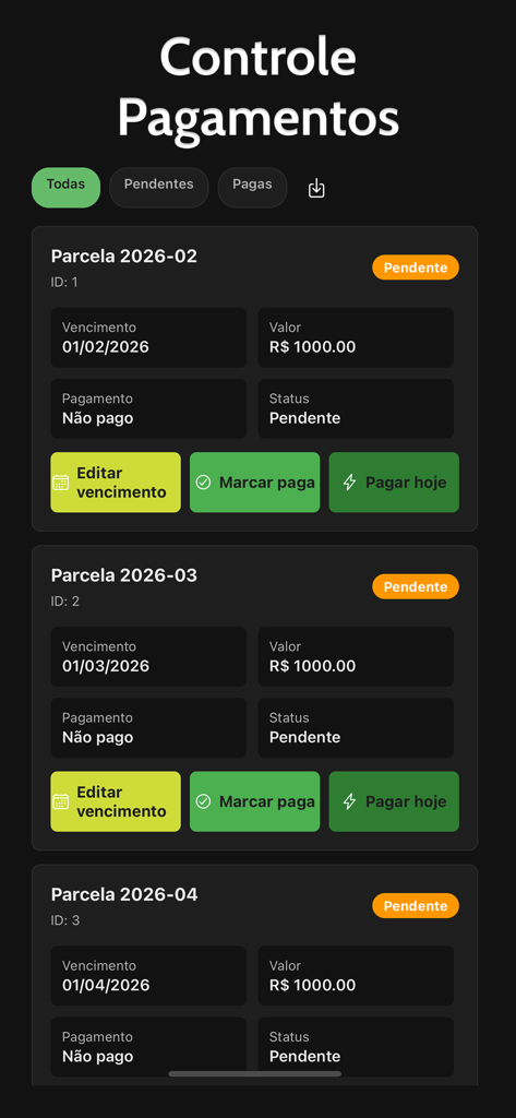 Rental Control: House, Car etc - Una interfaz de aplicación móvil que muestra una lista de cuotas de pago de alquiler mensuales con fechas de vencimiento, importes y botones de estado pendiente.