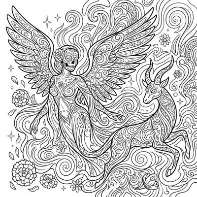 Embark on a vibrant journey with this unique coloring page, blending mystical fantasy elements with the rich traditions of Day of the Dead. Explore a mesmerizing scene featuring a sugar skull angel and a leaping horned creature, all rendered in an intricate psychedelic style.