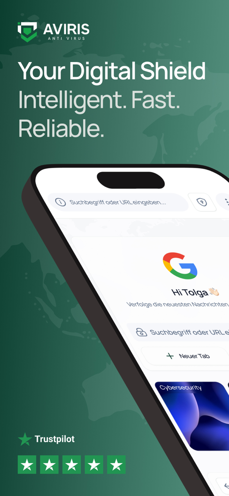 AVIRIS: Mobile Security, VPN - AVIRIS mobile security app interface featuring digital shield branding and 5 star Trustpilot rating