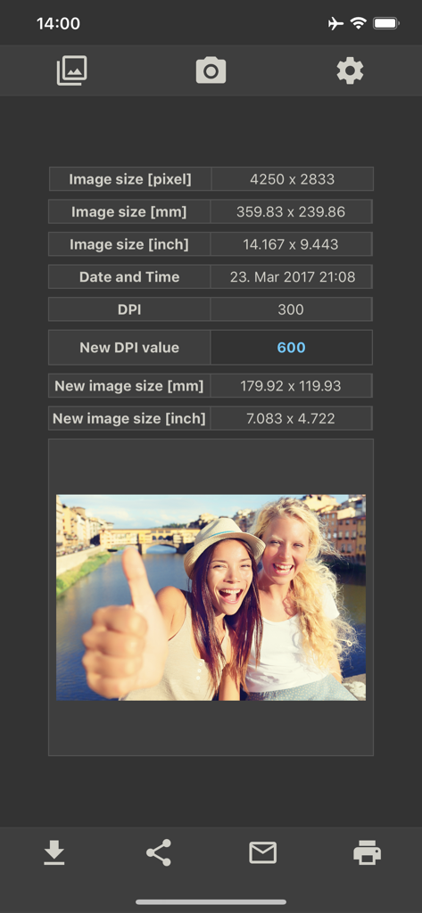 印刷準備のための画像解像度メタデータとDPI変更設定を示すモバイルアプリインターフェース