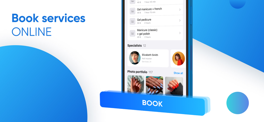 DIKIDI Online app screen for booking nail services with specialist profile and portfolio