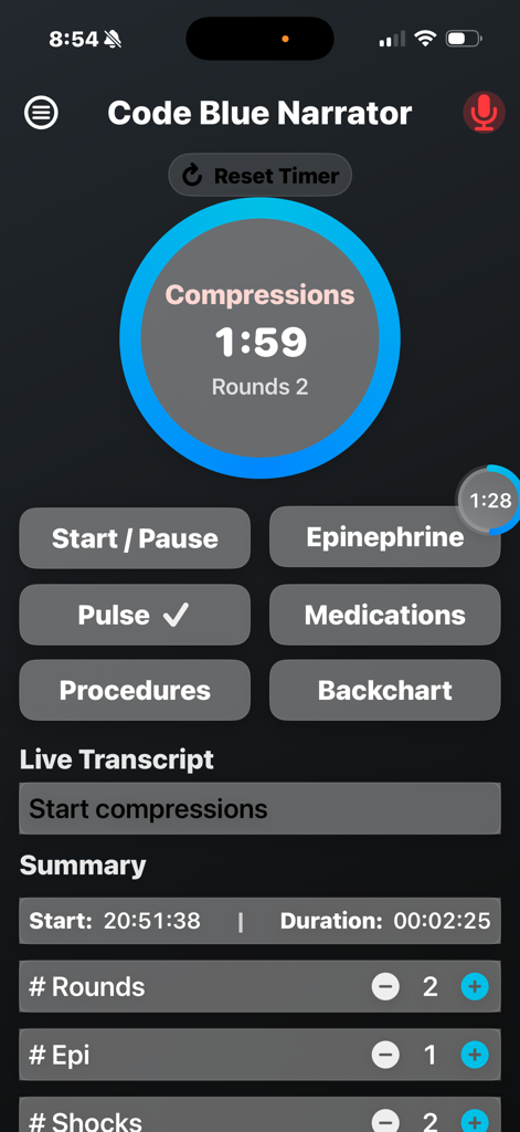 Interface of the Code Blue Narrator app showing a CPR compression timer and buttons for tracking medications and procedures