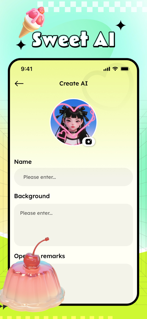 Antii - Adult，GirlFriend Chat - The Create AI screen in the Antii app featuring an anime avatar and customizable character fields.
