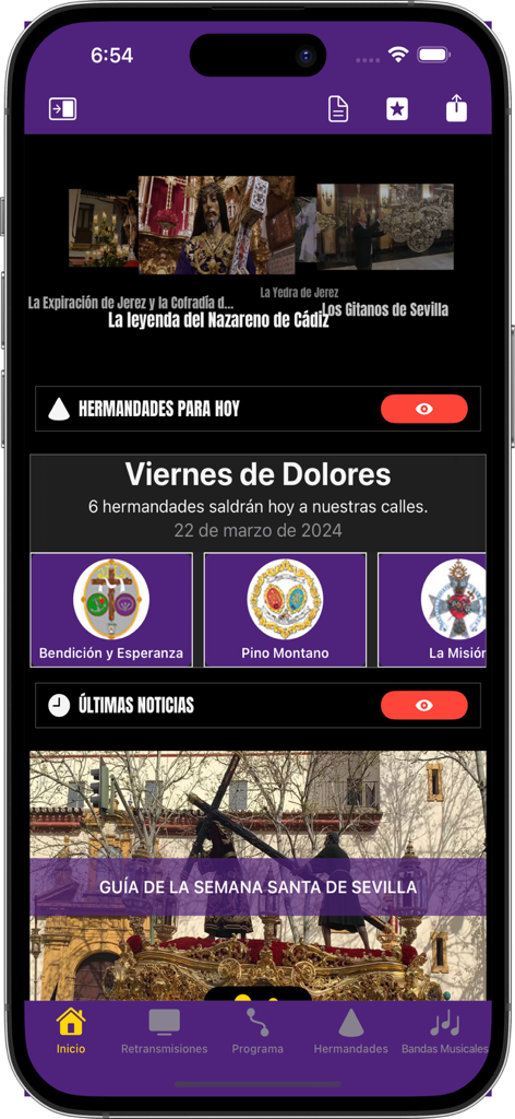 Écran d'accueil de l'application mobile Semana Santa Sevilla 2025 montrant les horaires quotidiens des confréries et un guide de voyage culturel