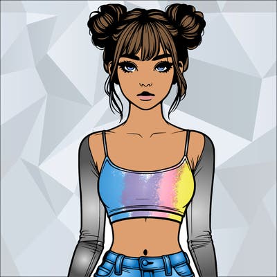 realistic girl with space buns and bangs and a crop top