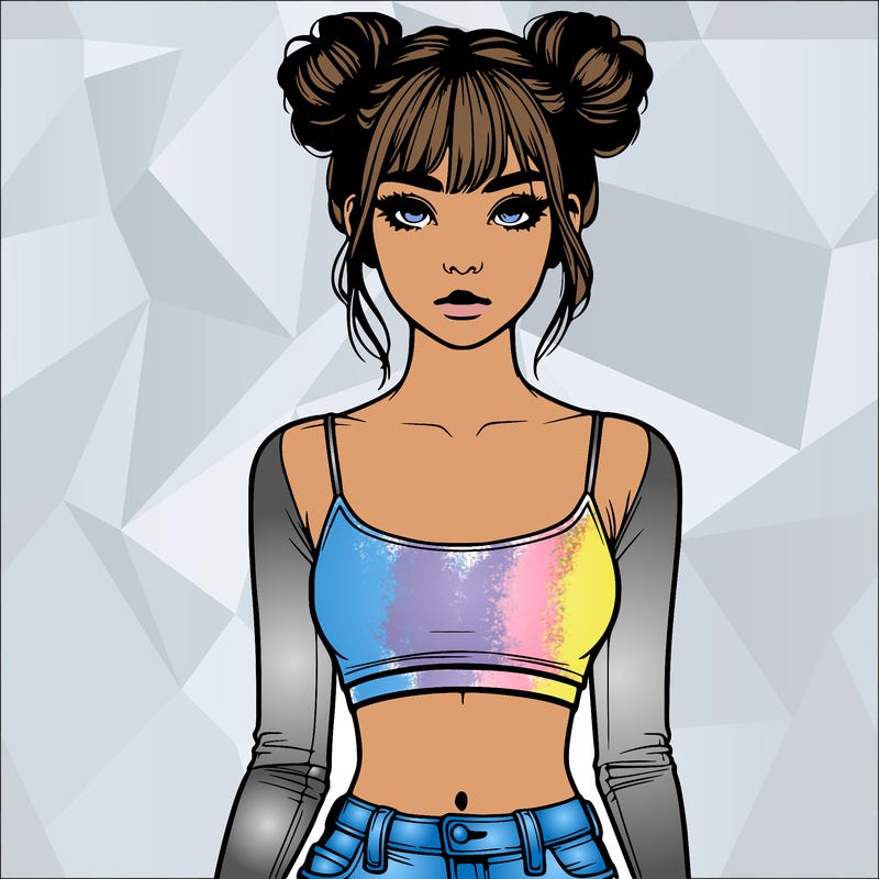 realistic girl with space buns and bangs and a crop top