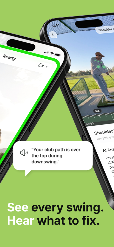 Swing TuneUp: AI Golf Analyzer - Zwei iPhone-Bildschirme, die die Swing TuneUp App mit KI-Golfschwunganalyse und einer Sprechblase mit Sprachfeedback zum Schlägerpfad zeigen