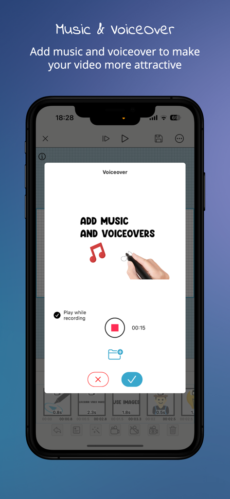 The voiceover and music recording feature inside the Flixcribir whiteboard video creation app