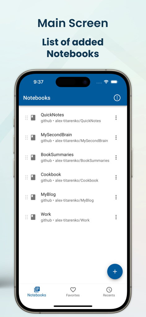 NotesHub app main screen showing a list of Markdown notebooks synced via GitHub