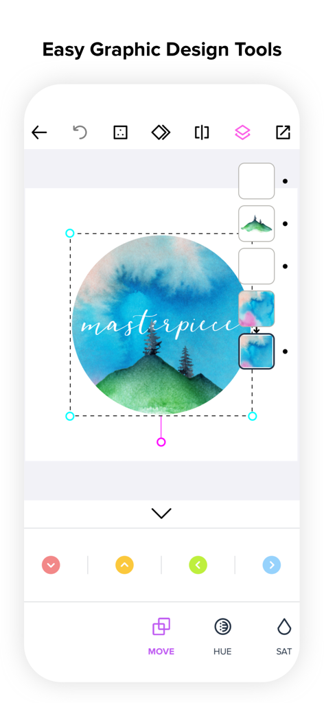 Interfaz de usuario que muestra herramientas sencillas de diseño gráfico para editar un logo en acuarela con elementos de paisaje